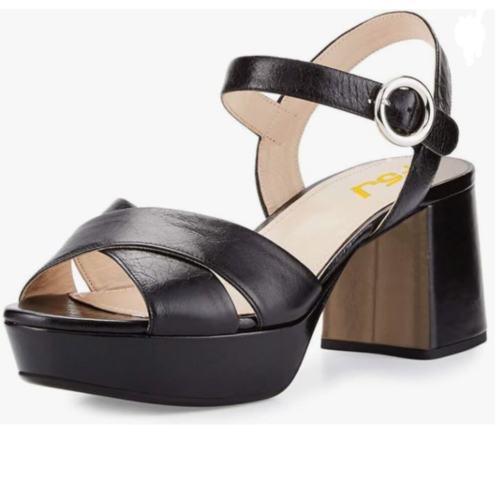 FSJ Black Peep Toe Chunky High Heels Platform Sandals Ankle Strap Summer Shoes